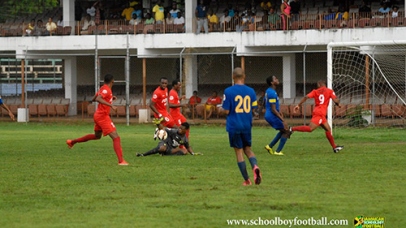 Glenmuir Goalkeeper Paul Beckford secures the ball in their 3-2 loss to Ruseas